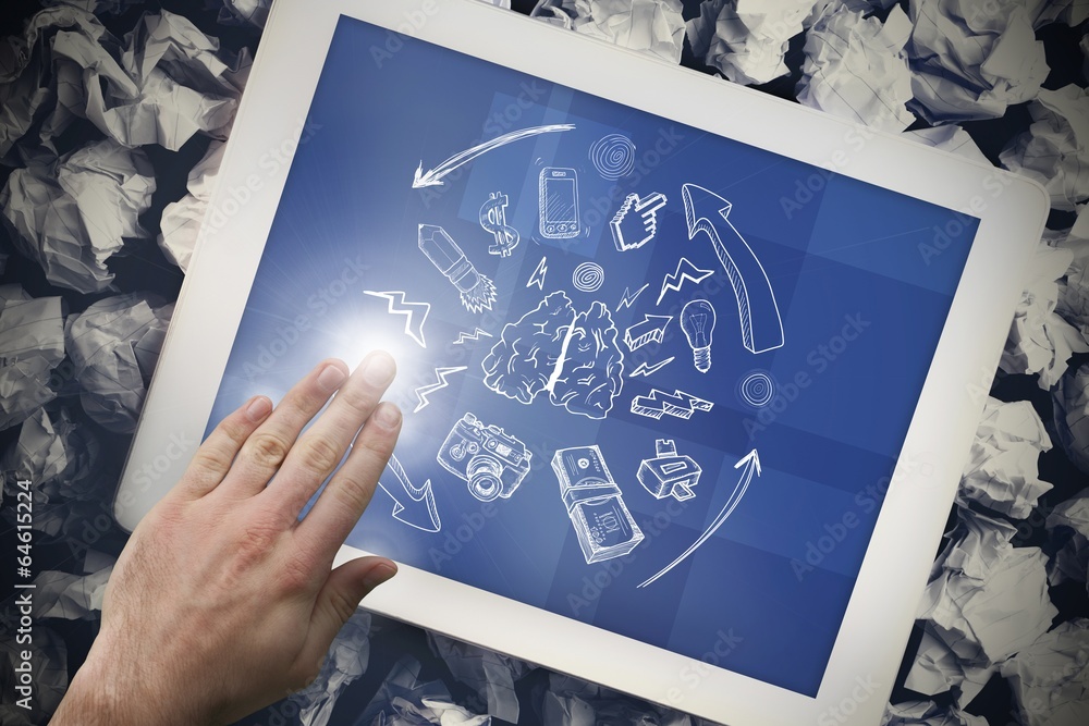 Poster composite image of hand touching tablet