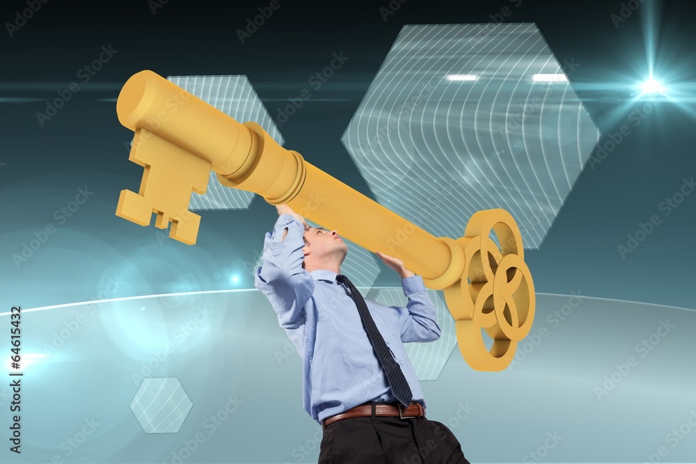 Poster composite image of businessman carrying large key