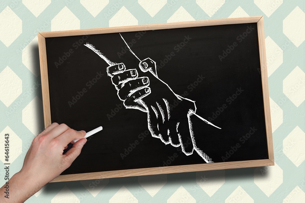 Poster composite image of hand drawing handshake with chalk