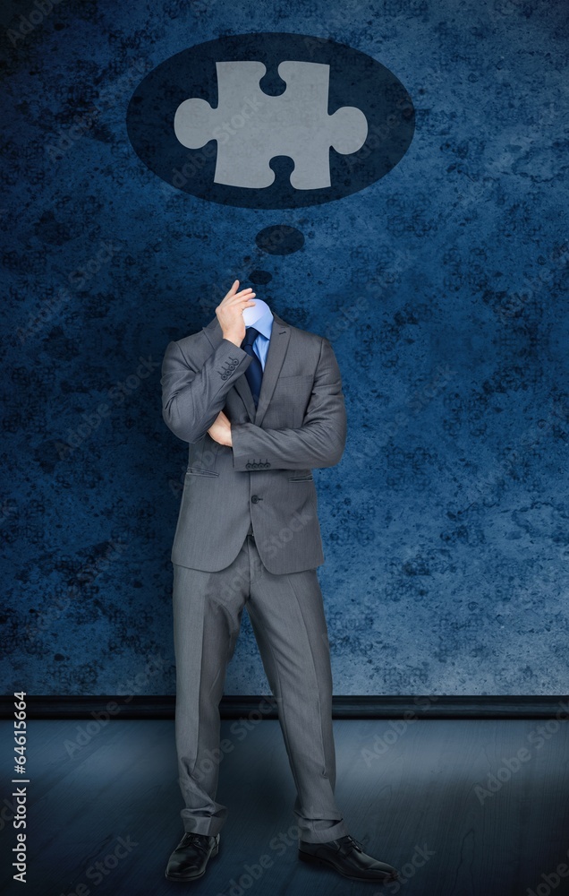 Poster headless businessman with jigsaw in speech bubble