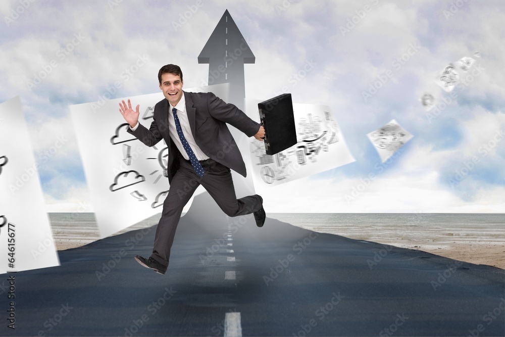Poster composite image of smiling businessman in a hurry