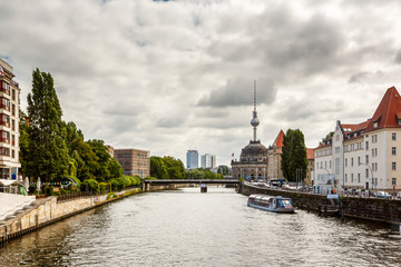 View on River Spree Embankment and Berlin TV Tower, Germany