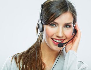 Customer support operator. Woman face.Call center smiling opera