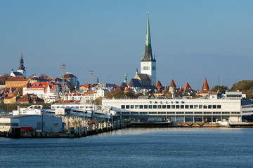 Tallinn's port, Old Town and St. Olaf's Church, Estonia