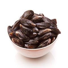 Mussels on a white studio background.