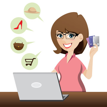 cartoon cute girl shopping online with credit cards