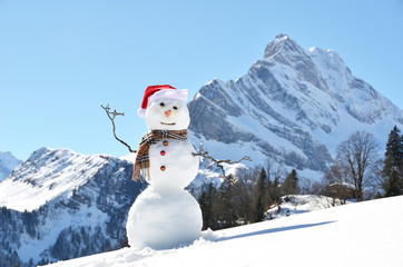 Snowman against Alpine panorama