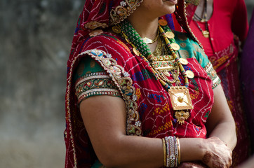 Fototapeta premium Colorful saree ,traditional costume , woman , Rajasthan, India