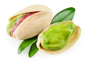 Pistachio with leaves, isolated on white background