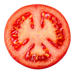 Tomato slice isolated on white background, top view