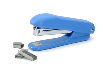 Blue office stapler with metal brackets.