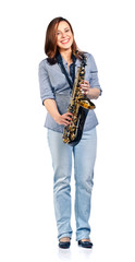 Naklejka premium woman with saxophone isolated on white