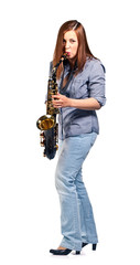 Naklejka premium woman with saxophone isolated on white