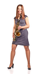 woman with saxophone isolated on white