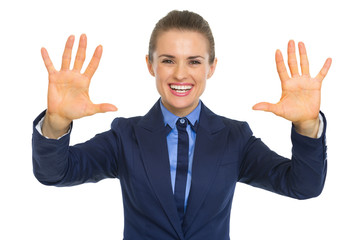 Happy business woman showing palms