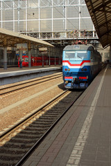 Fototapeta premium Movement of the locomotive at the station in Moscow.