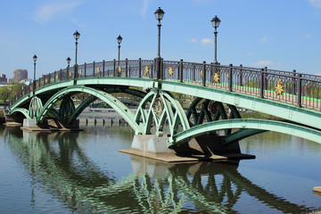 Beautiful bridge with lanterns in the city park.