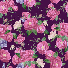 Vector seamless floral pattern with roses and freesia
