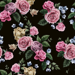 Fototapety  Wektor kwiatowy wzór z różami na czarnym tle
