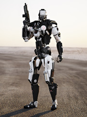 Futuristic Police armored mech weapon with background