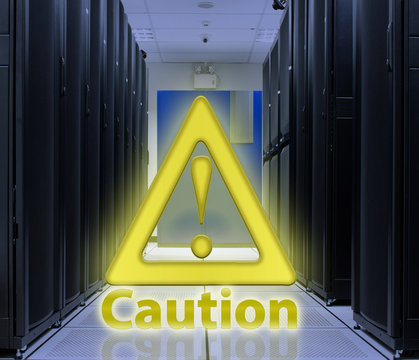 Server Room With Caution popup ; Security concept