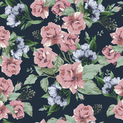 Vector seamless floral pattern with roses on dark background