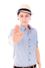 Young woman making stop gesture sign