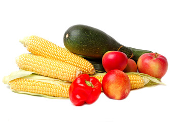 Fresh vegetables and fruits isolated on white