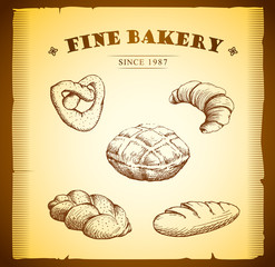 Bakery. loaf, baguette, baked goods, croissant, cupcake, bagel