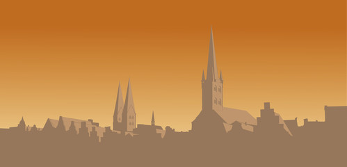 Contour of the old city on an orange background © zhelunovych