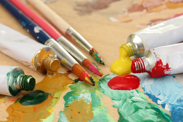Abstract acrylic paint, paint tubes and brushes