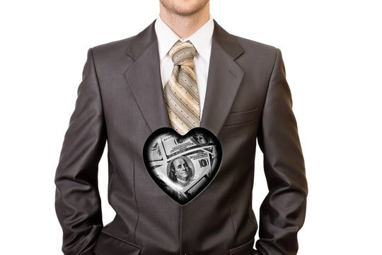 Man in black suit with one hundred dollar heart inside him