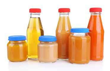 Baby food in glass jars, isolated on white
