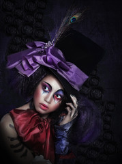 Pantomime. Clown in Fancy Carnival Hat with Artistic Makeup