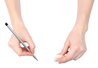 Human hands with pencil and erase rubber, isolated on white