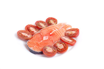 salmon with tomato on white