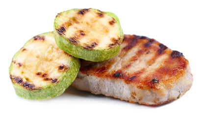 Grilled steak and grilled vegetables isolated on white