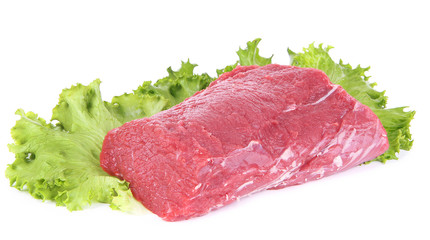 Raw beef meat with lettuce isolated on white