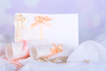 Beautiful handmade wedding cards on light background
