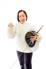 Female fencer celebrating success