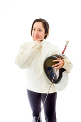 Female fencer thinking with her hand on chin
