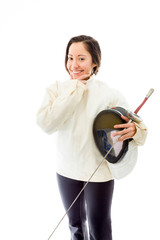 Female fencer smiling with her hand on chin