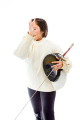Female fencer showing ok sign