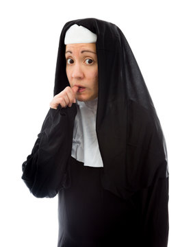 Nervous young nun biting nail