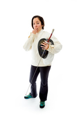 Female fencer hand over her mouth and shock