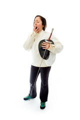 Female fencer yawning
