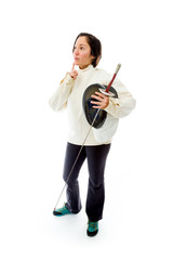 Female fencer thinking with her hand on chin