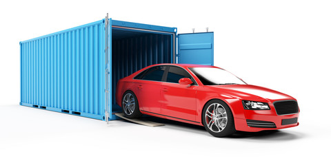 3d rendered illustration of a car inside of a container - obrazy, fototapety, plakaty