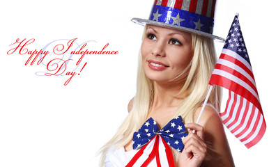 Blonde Girl waving Small American Flag isolated