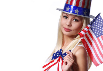 Blonde Girl waving Small American Flag isolated